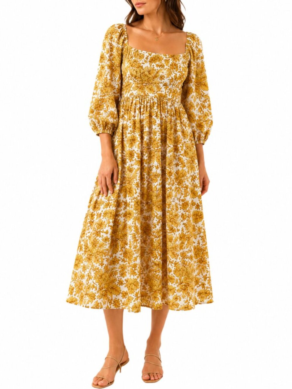 Anna Cate Yellow Botanical Floral Midi Dress Square Neck Puff Sleeve Small